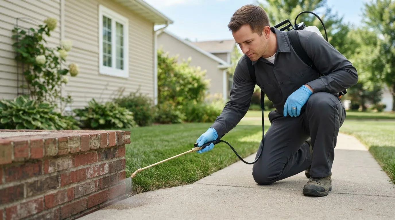 Pest control technician treating a home near Clarksburg, IN