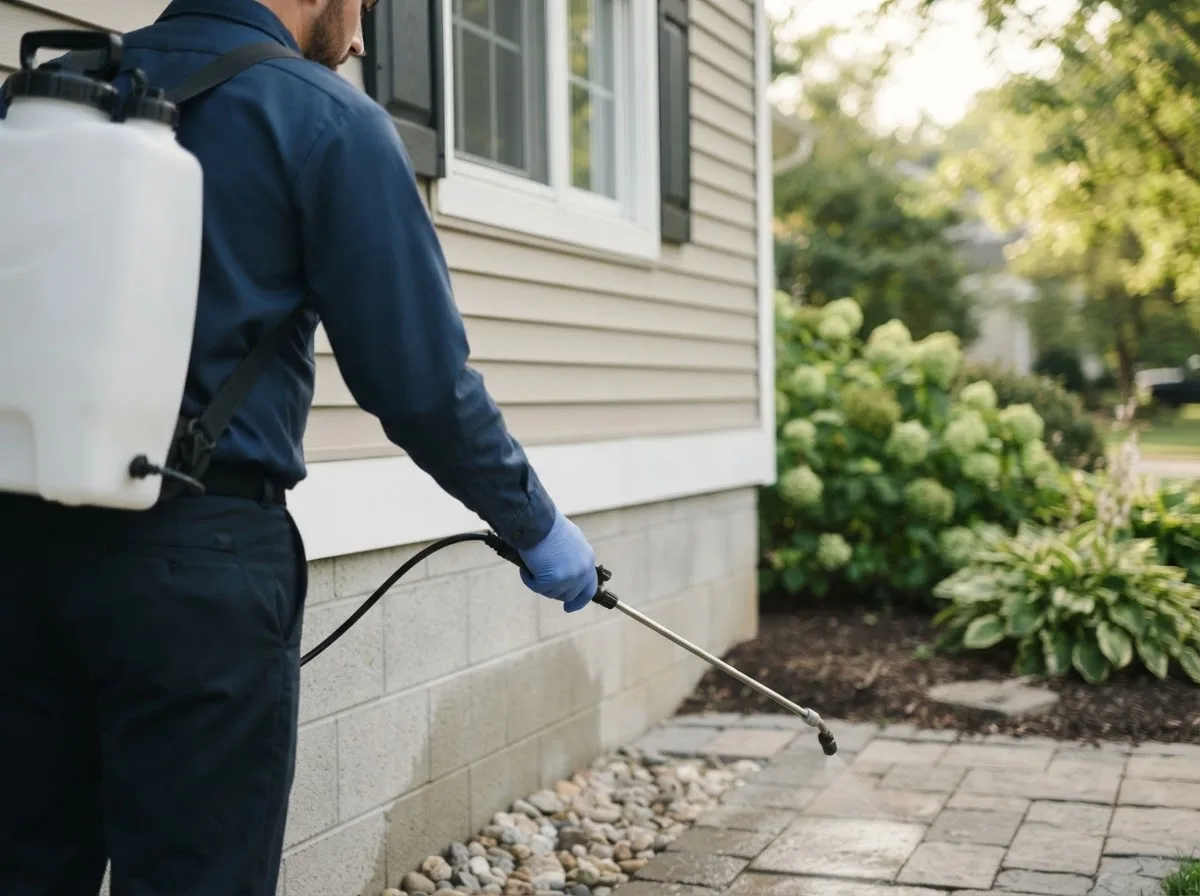 Pest control technician inspecting a home in Clarksburg, IN